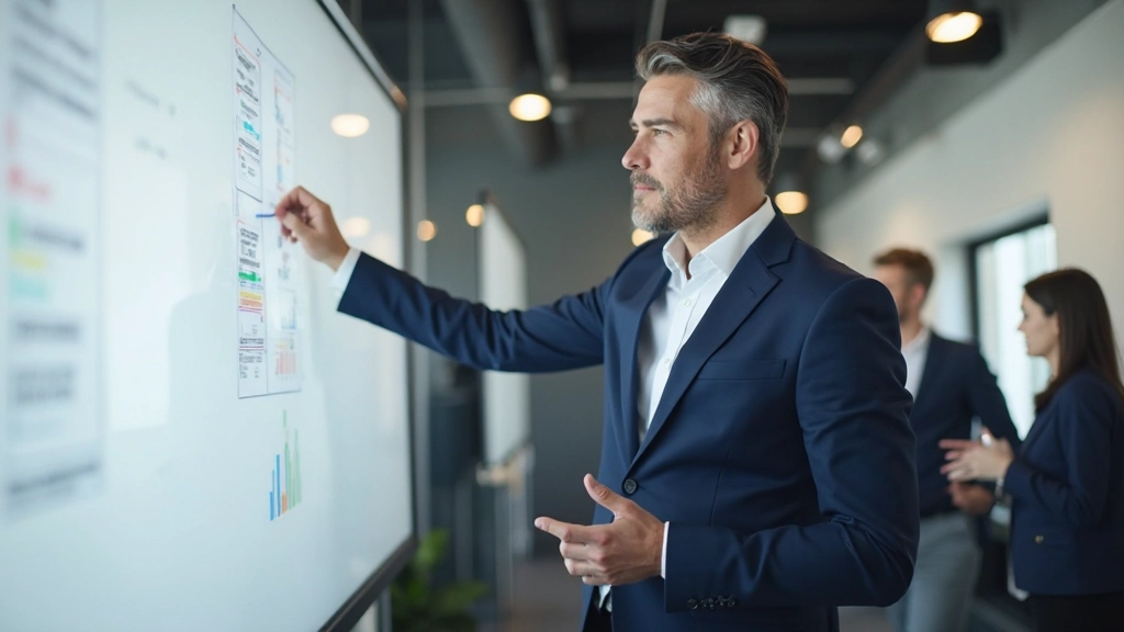 Professionell ledare som presenterar strategi för sitt team