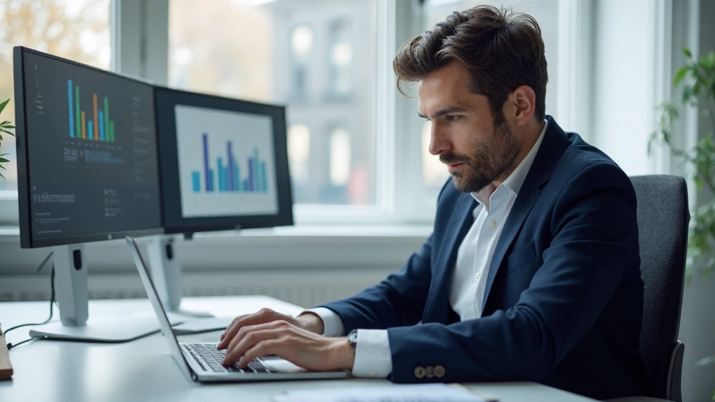 Professionell man analyserar data på laptop i modernt kontor