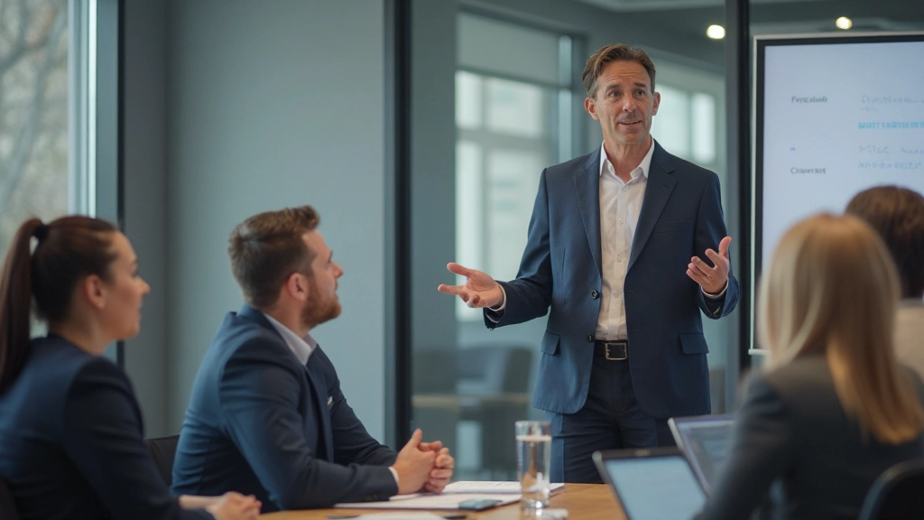 Självsäker ledare presenterar för sitt team i modernt konferensutrymme