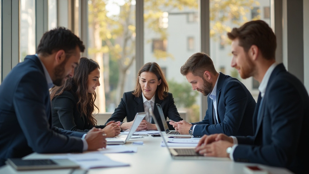 Diverse team members collaborating in modern conference room