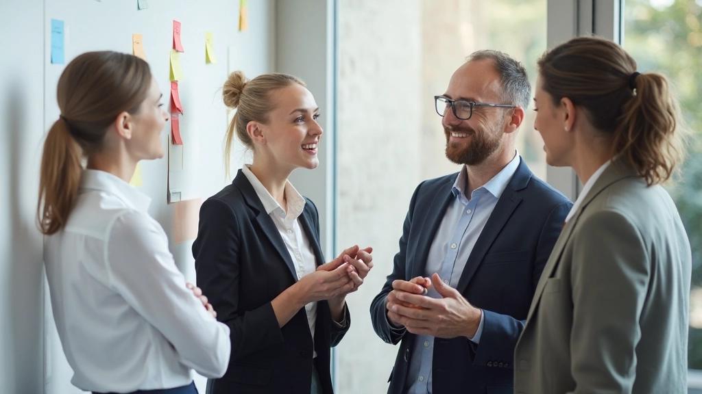 Diverse team av fyra professionella som arbetar tillsammans vid ett projekt med anteckningar och whiteboardtavla
