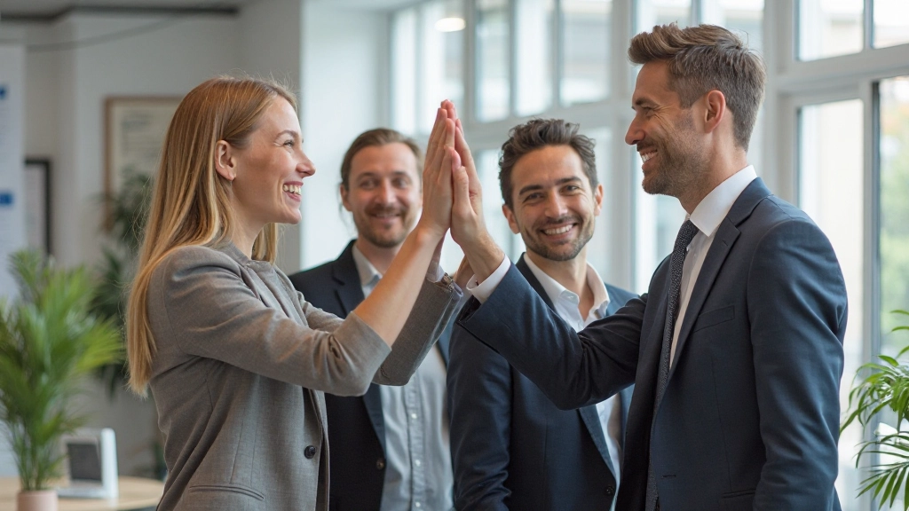 Lag av professionella kollegor som samarbetar och ger high five
