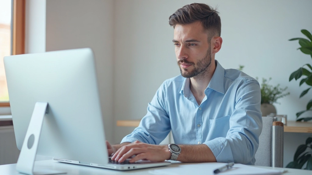 Fokuserad man arbetar med datorn vid sitt skrivbord med organiserade anteckningar