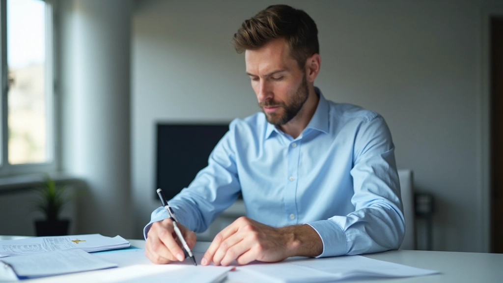 Professionell person som arbetar fokuserat vid skrivbord med papper och anteckningar