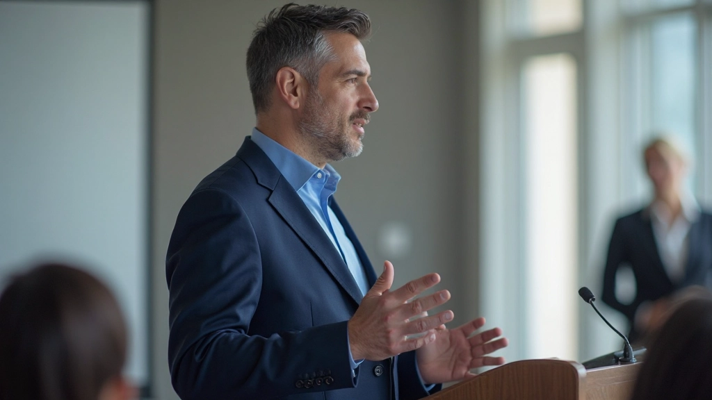 Professionell presenter som talar framför en engagerad publik i en modern konferenssal med presentation på skärm bakom