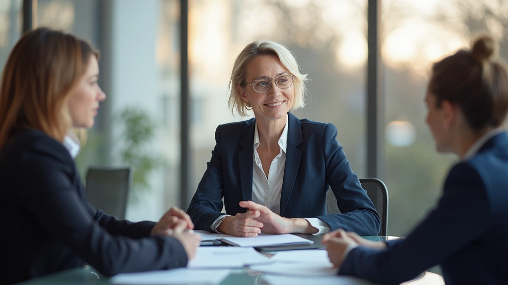 Professionell kvinlig ledare diskuterar strategi i modernt kontorsrum