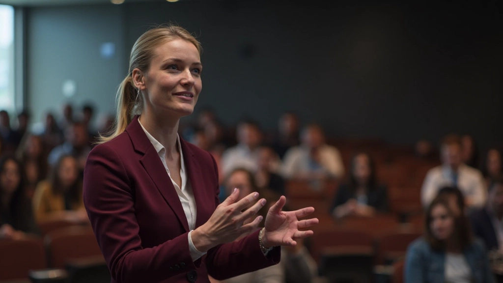 Professionell kvinna håller en presentation framför en större publik