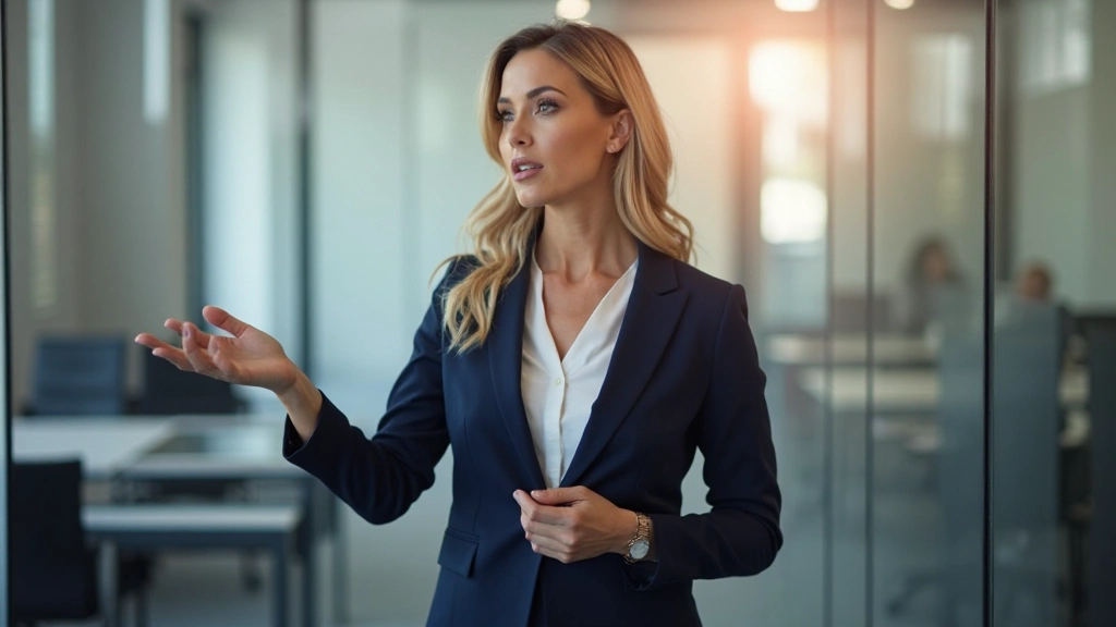 Professionell kvinlig ledare diskuterar strategi i modernt kontorsrum