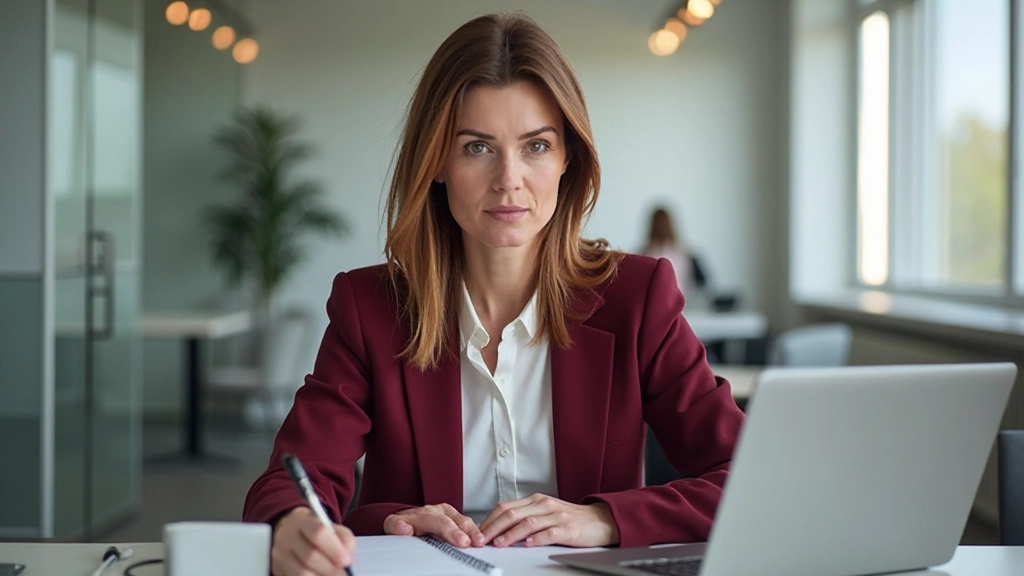 Fokuserad kvinnlig presenter som överväger sin presentation med anteckningar, verklig kontorsmiljö med bärbar dator och papper