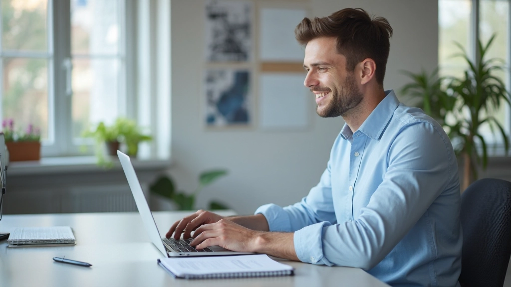 Fokuserad man arbetar med datorn vid sitt skrivbord med organiserade anteckningar
